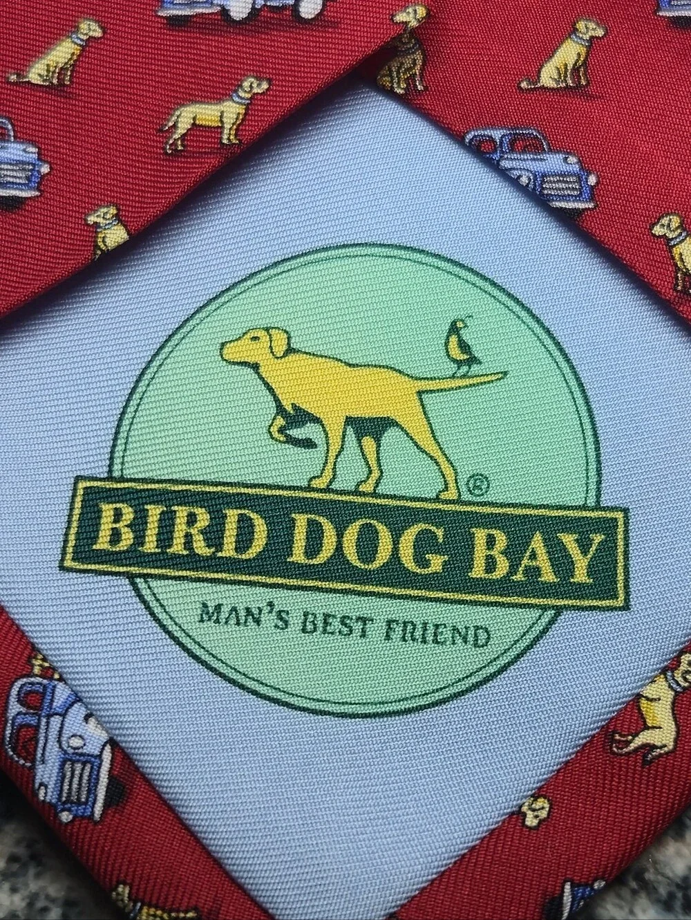 Bird Dog Bay Silk Tie Red Dogs Love Trucks Yellow Labs Blue Pickup Trucks USA